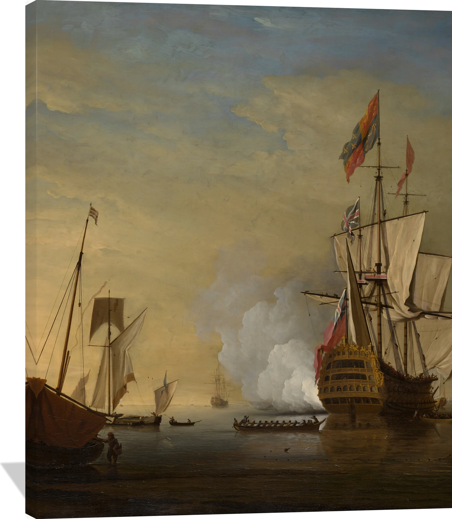Harbor Scene: An English Ship with Sails Loosened Firing a Gun