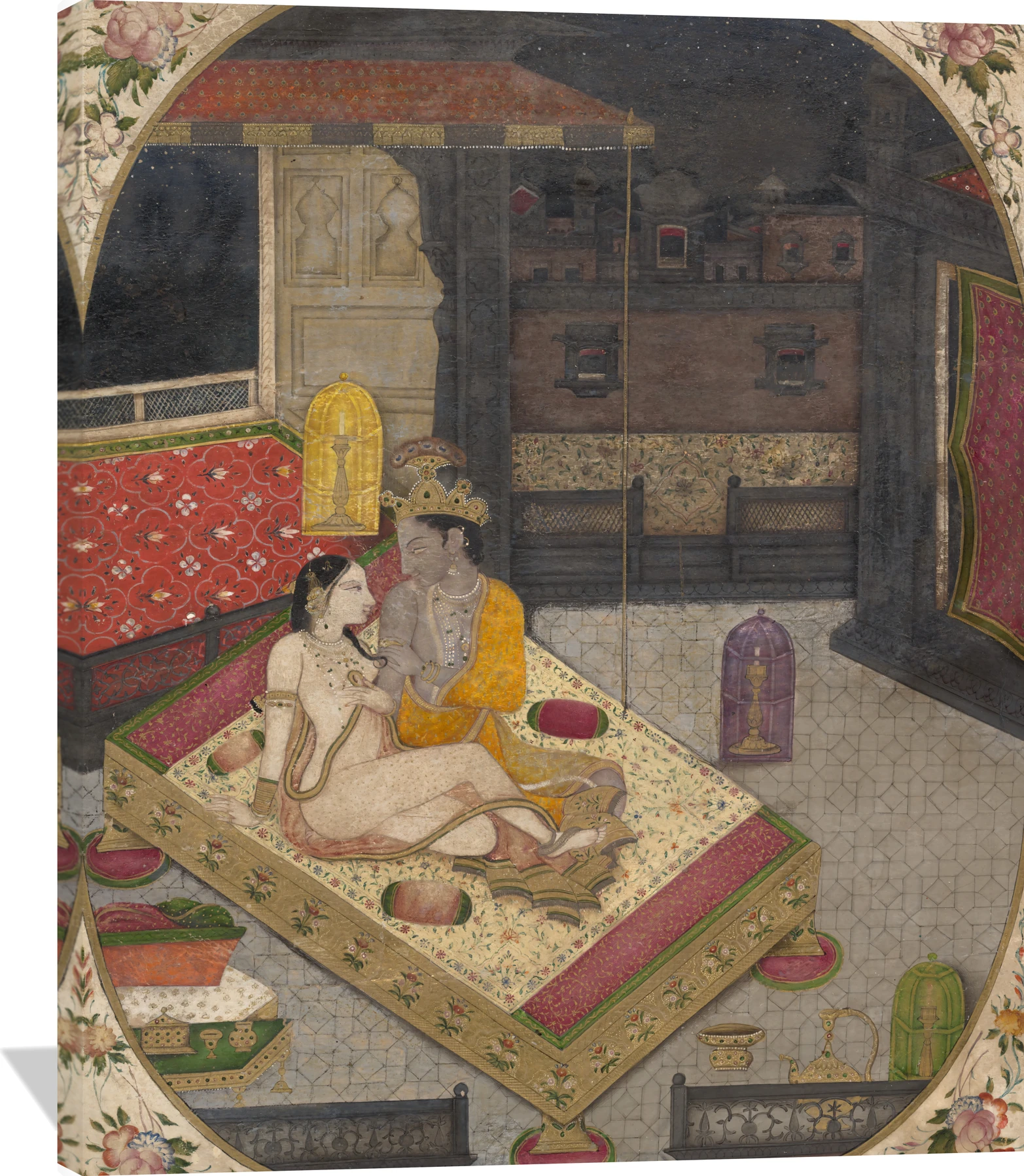 Radha and Krishna on a Bed at Night