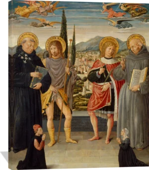 Saints Nicholas of Tolentino, Roch, Sebastian, and Bernardino of Siena, with Kneeling Donors